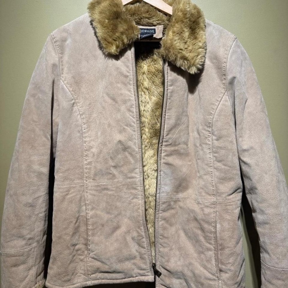 Y2K Vintage Leather Suede  Faux Fur Jacket Coat Women L rare